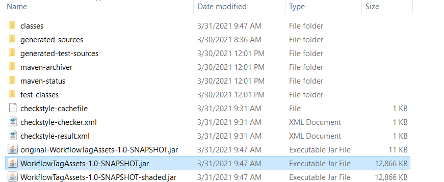 檔案總管視窗顯示具有 WorkflowTagAssets-1.0-SNAPSHOT.jar 等 JAR 檔案的目標資料夾，以及其他專案檔案和資料夾。