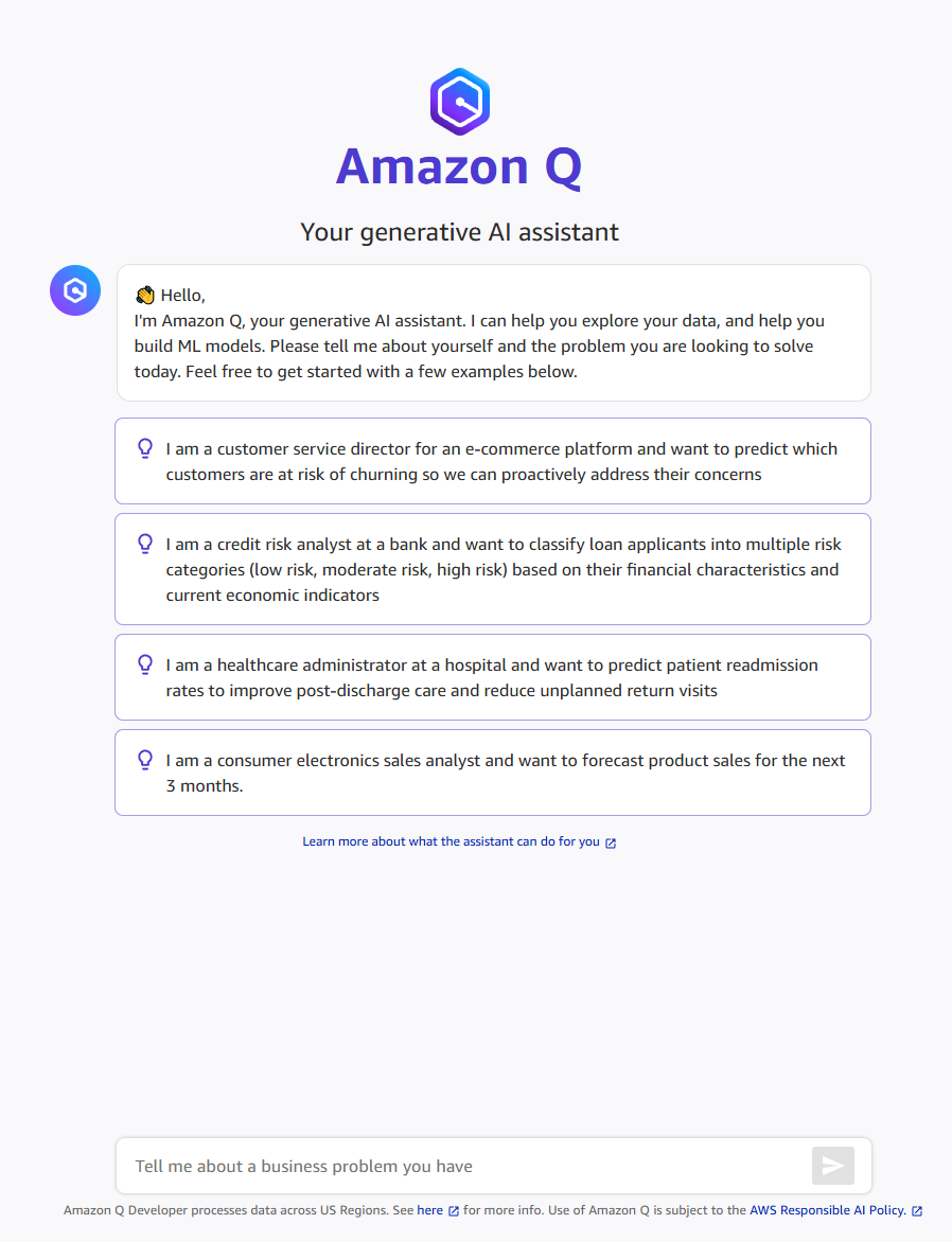 Q Developer 在開始新的聊天時提供給您的問候語。