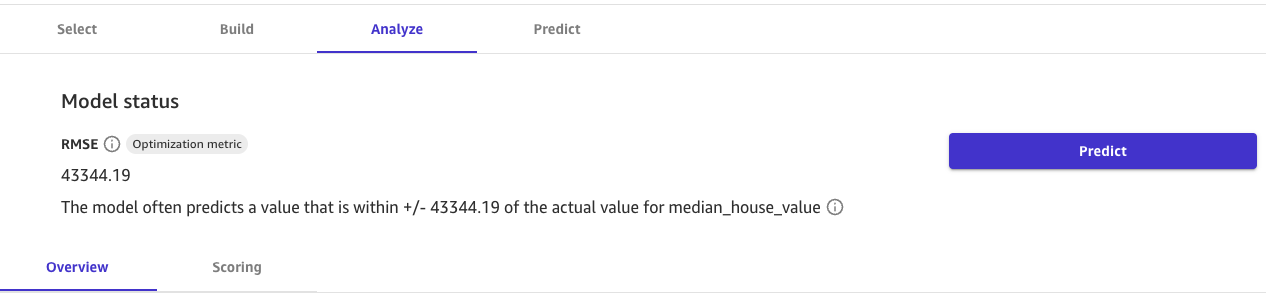 Canvas 中 Analyze (分析) 索引標籤上的 RMSE 最佳化指標的螢幕擷取畫面。
