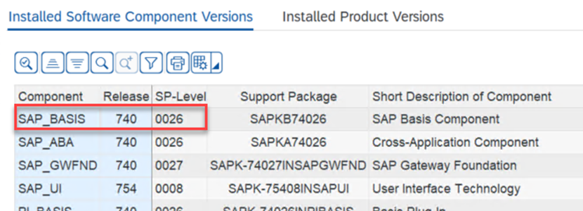 入口網站中 Installed Software Component Versions 索引標籤的範例。