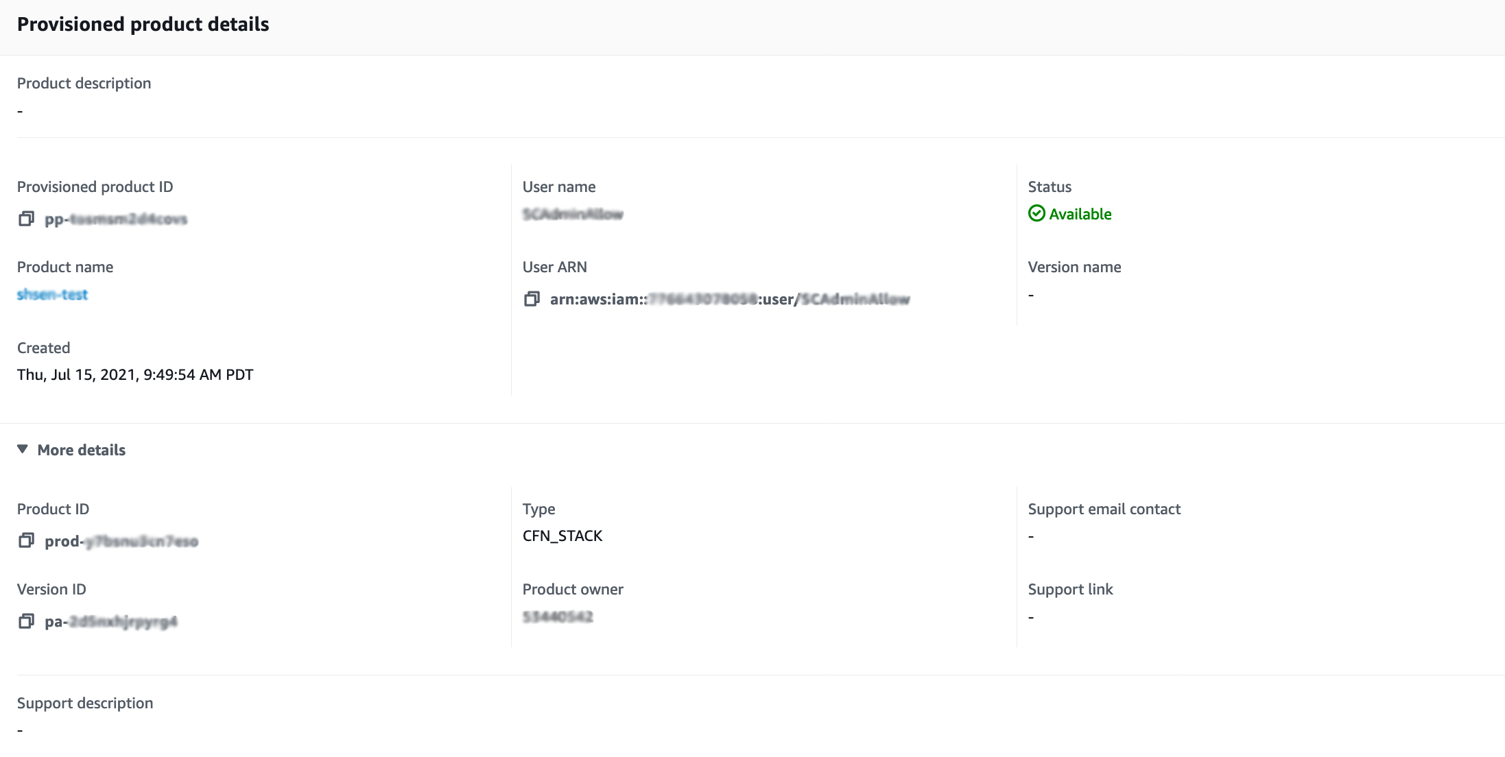 Provisioned product details page showing status, ID, name, creation date, and other information.