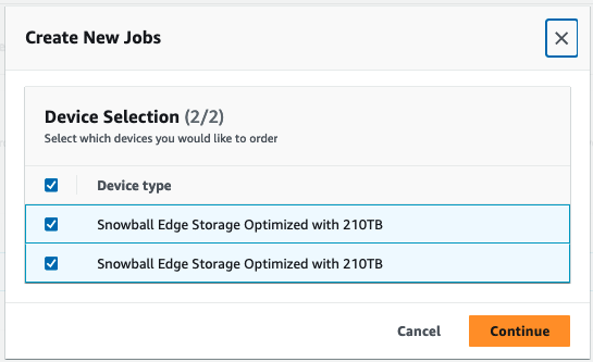 裝置選擇區段會顯示，其中已選擇兩個裝置，並在右下角繼續按鈕。