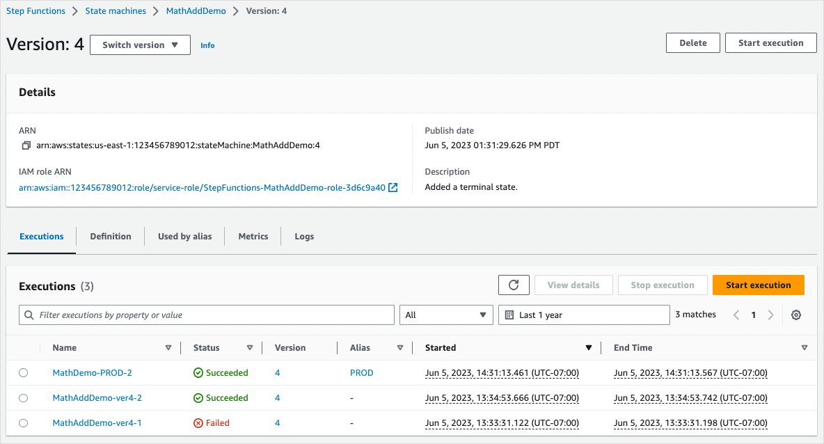 狀態機器版本詳細資訊主控台頁面的說明性螢幕擷取畫面。