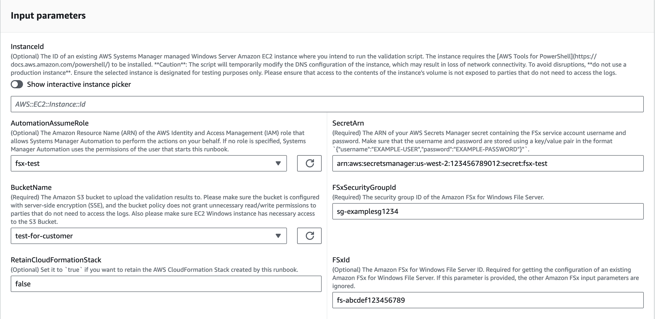 Input parameters form for AWS Systems Manager managed Windows Server EC2 instance validation.