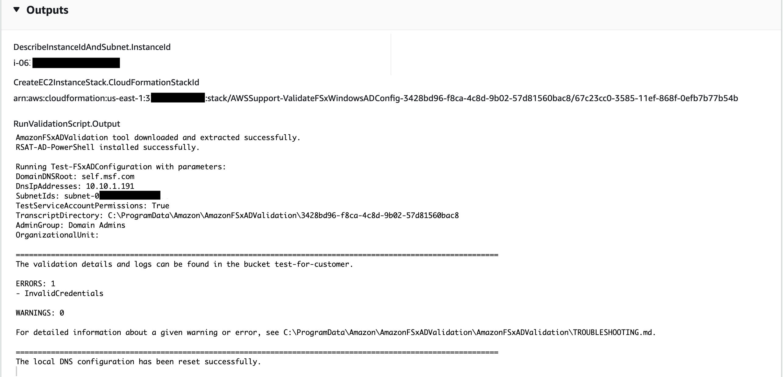 Output showing instance details, CloudFormation stack ID, and validation script results with errors.