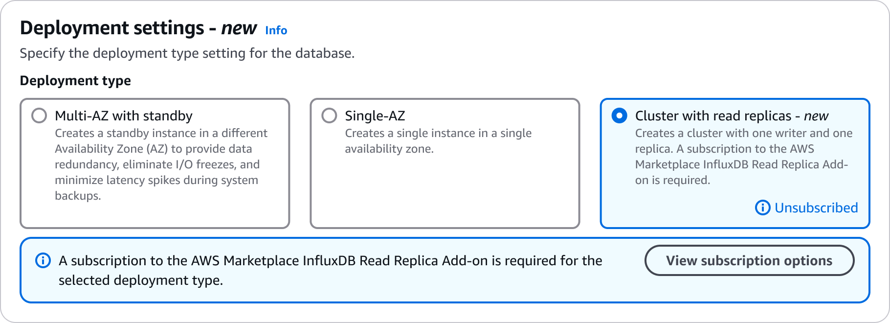 建立 InfluxDB 資料庫界面，顯示新資料庫可用的不同部署設定。已選取具有僅供讀取複本選項的叢集。