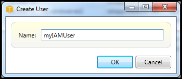 Create User dialog box with Name field and OK/Cancel buttons.