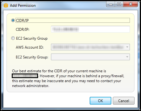 Add Permission dialog with options for CIDR/IP or EC2 Security Group access to RDS instance.