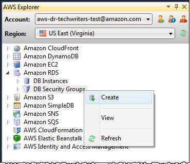 AWS Explorer window showing Amazon RDS expanded with DB Security Groups context menu options.