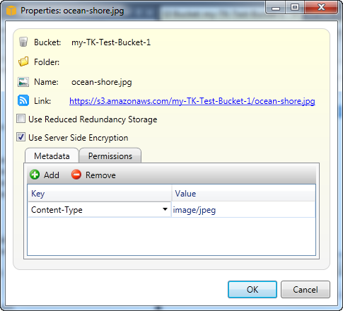 Properties dialog for an S3 object showing metadata, permissions, and encryption options.