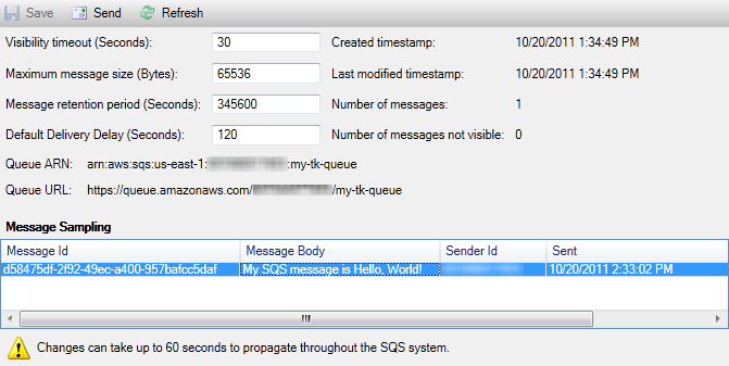 Queue properties view showing message details, including timestamp and sampling information.