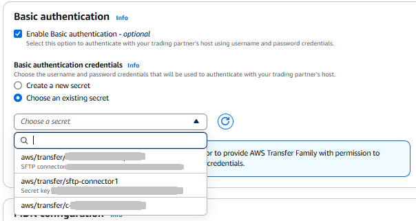 AWS Transfer Family 主控台中的建立連接器頁面，顯示基本身分驗證區段，其中包含選擇所選的現有秘密。