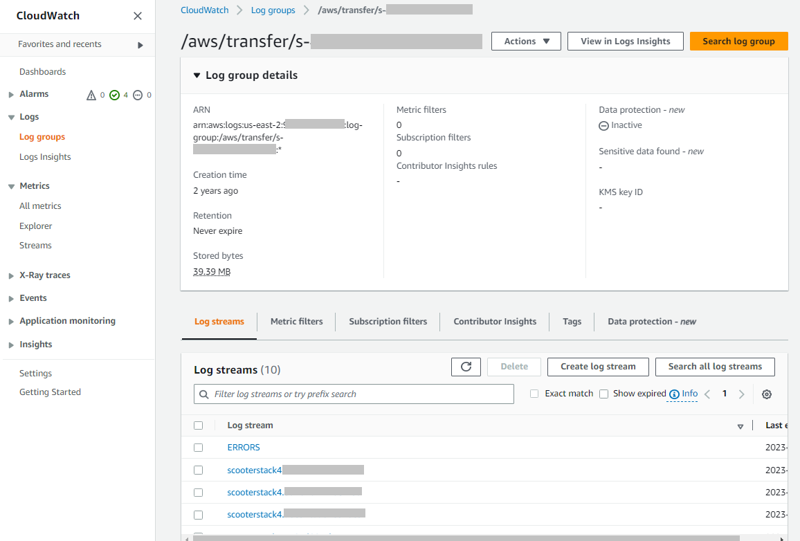 日誌群組詳細資訊頁面。除了日誌群組之外，還會顯示最近的日誌串流清單。