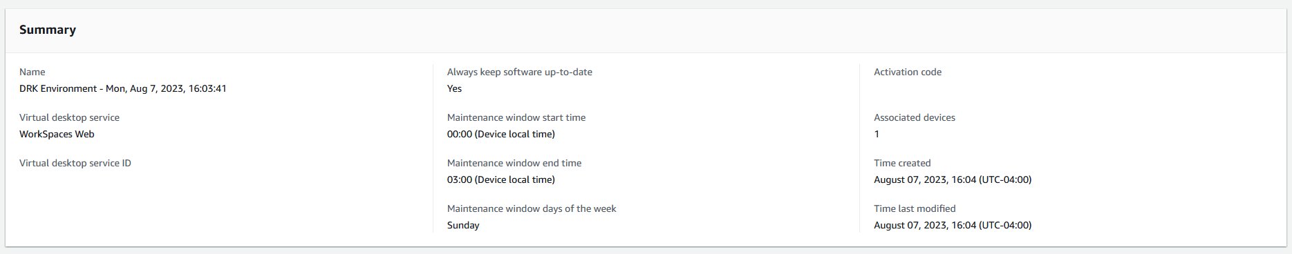 Summary table showing WorkSpaces Thin Client Environment settings and details.